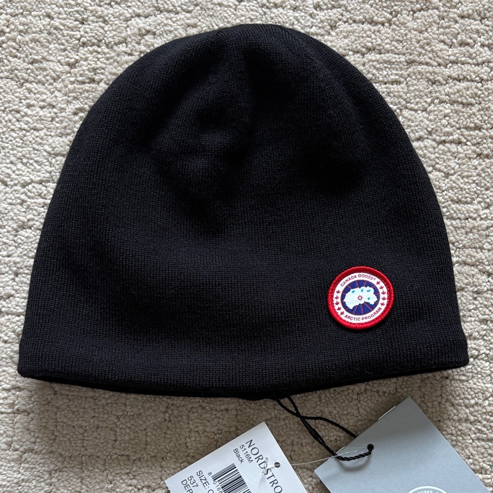 Canada Goose Black Knit Beanie with Red & White Logo Patch